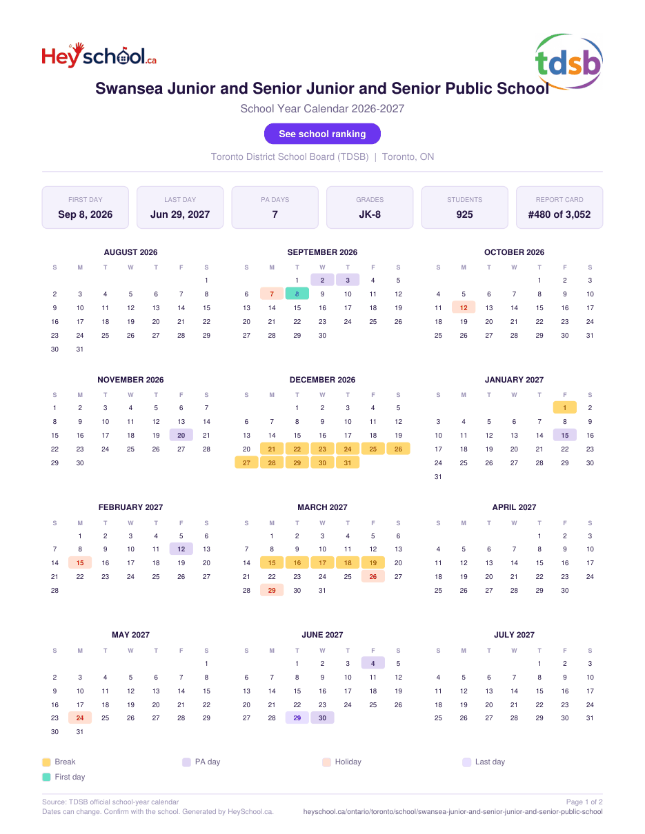 Swansea Junior and Senior Junior and Senior Public School School Year Calendar 2026-2027