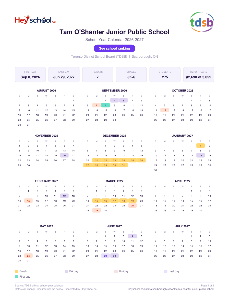 Tam O'Shanter Junior Public School School Year Calendar 2026-2027