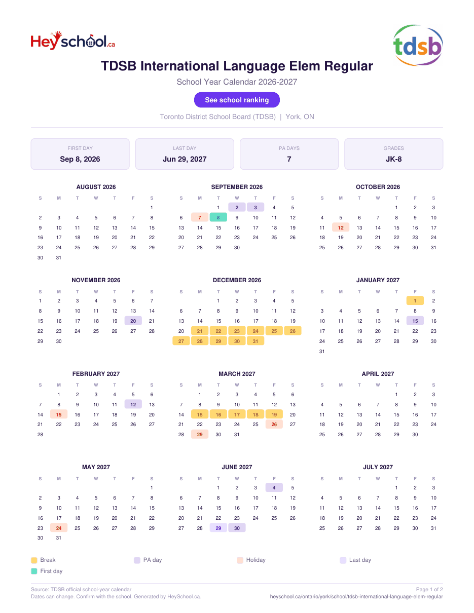 TDSB International Language Elem Regular School Year Calendar 2026-2027