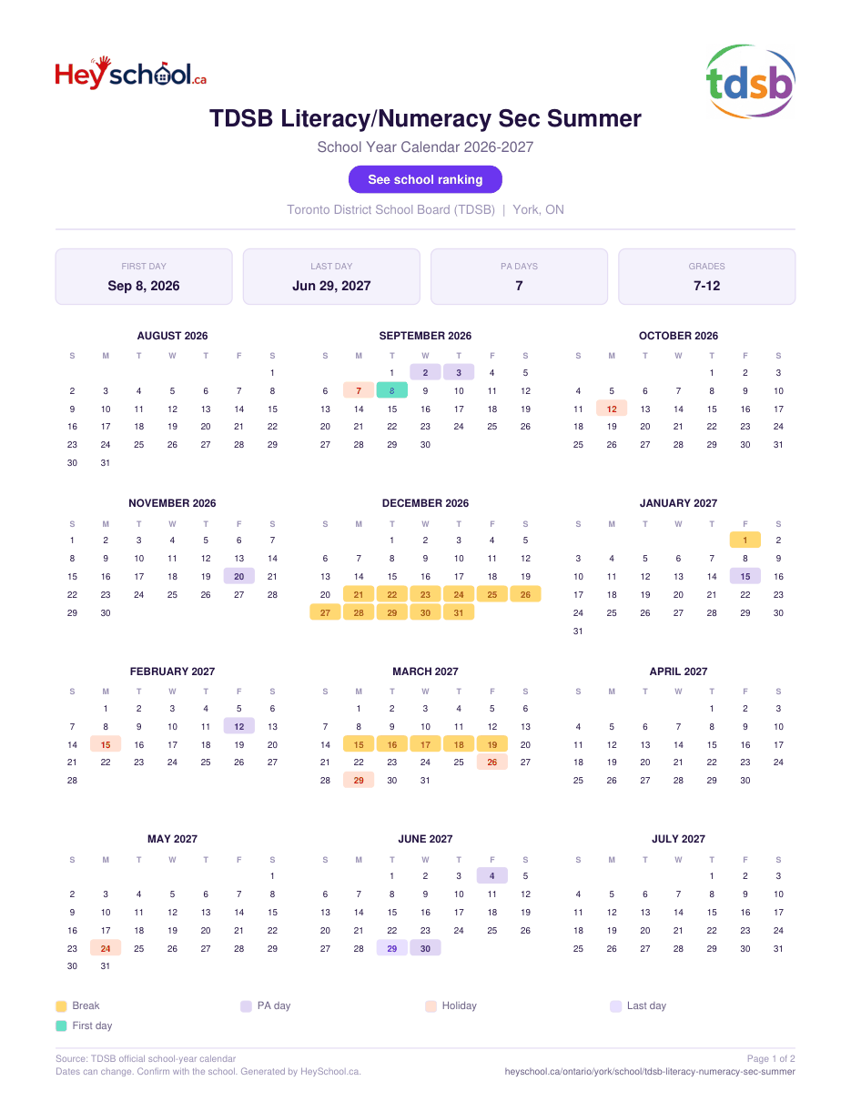 TDSB Literacy/Numeracy Sec Summer School Year Calendar 2026-2027