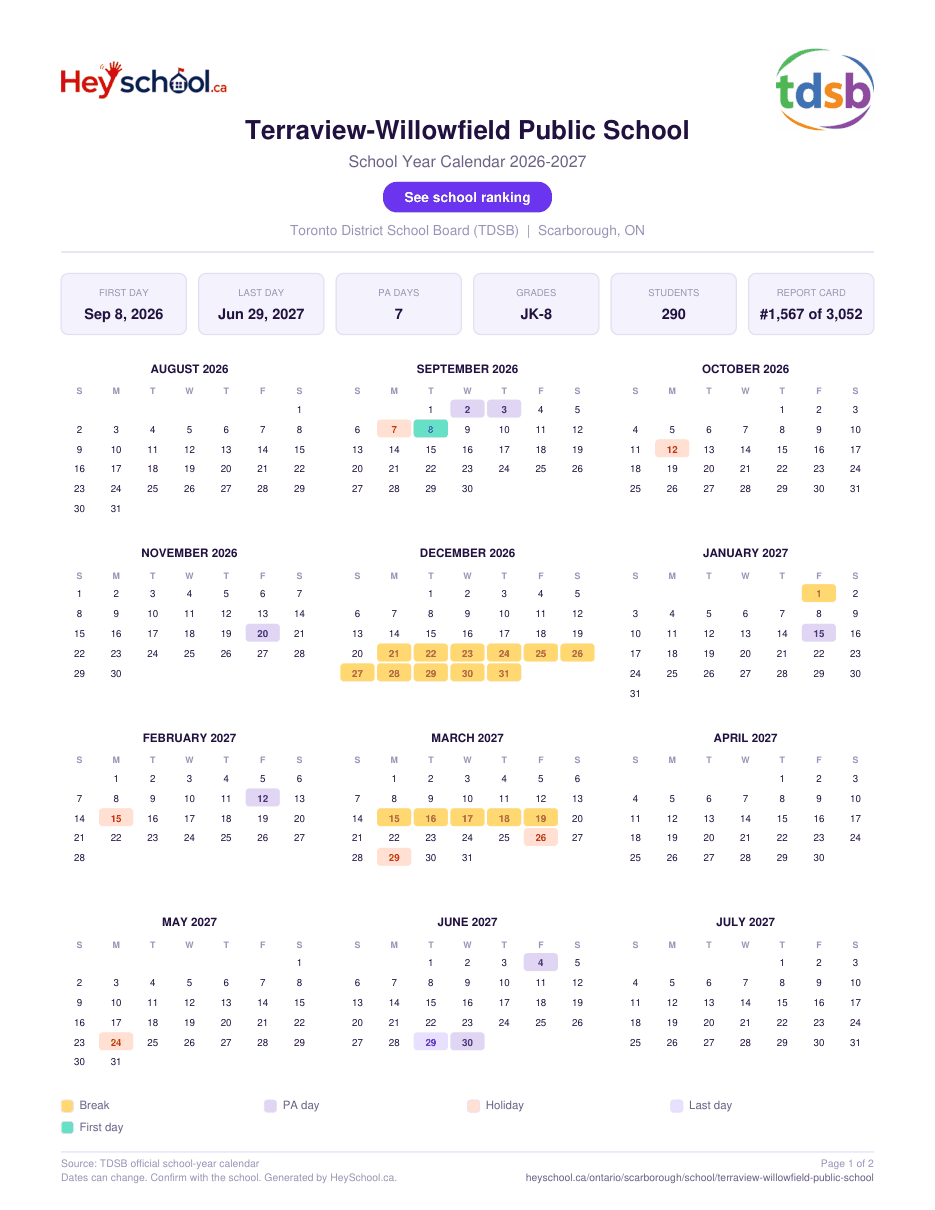 Terraview-Willowfield Public School School Year Calendar 2026-2027