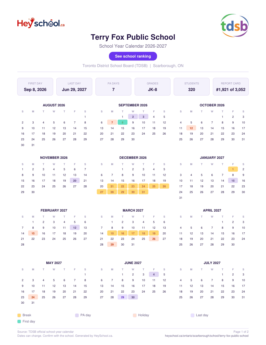 Terry Fox Public School School Year Calendar 2026-2027