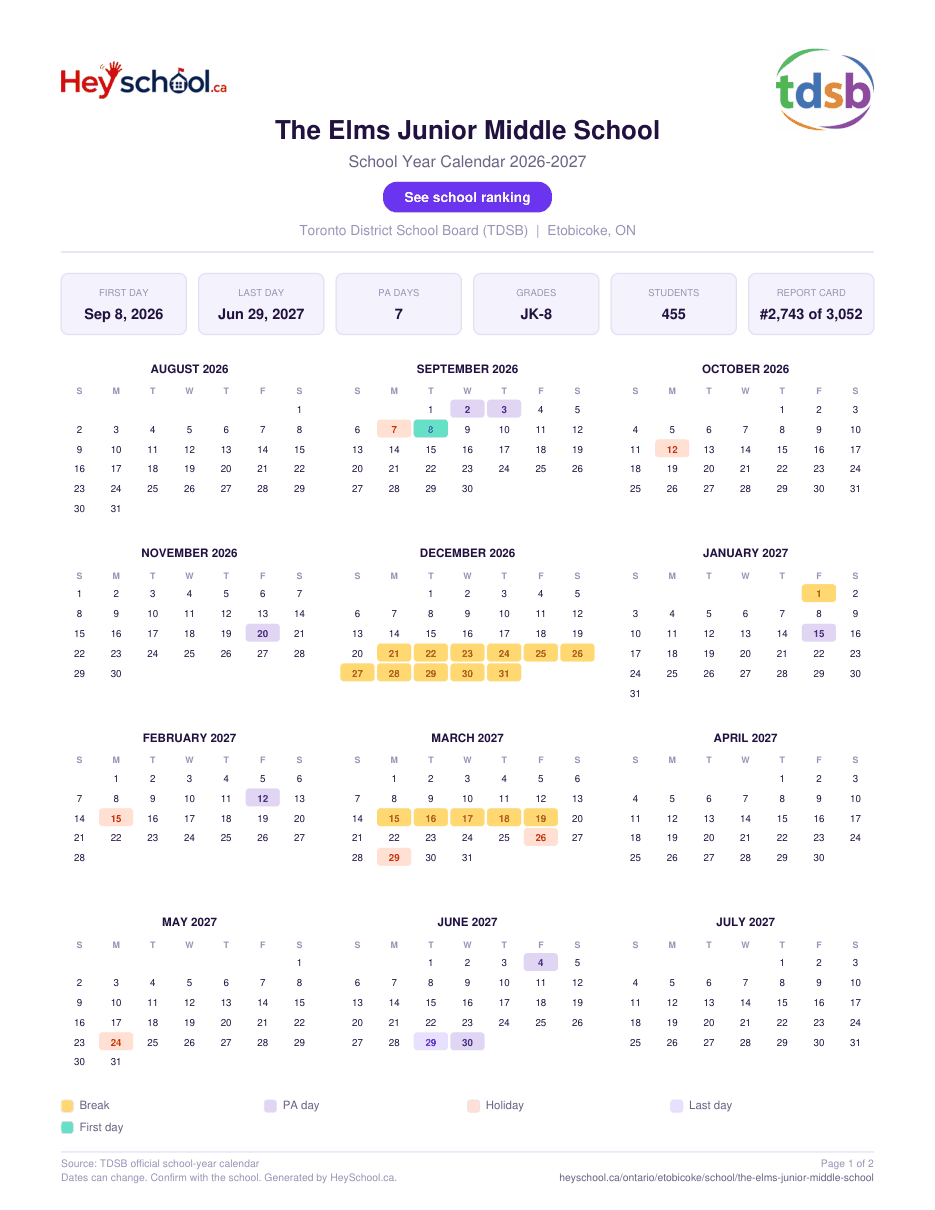The Elms Junior Middle School School Year Calendar 2026-2027
