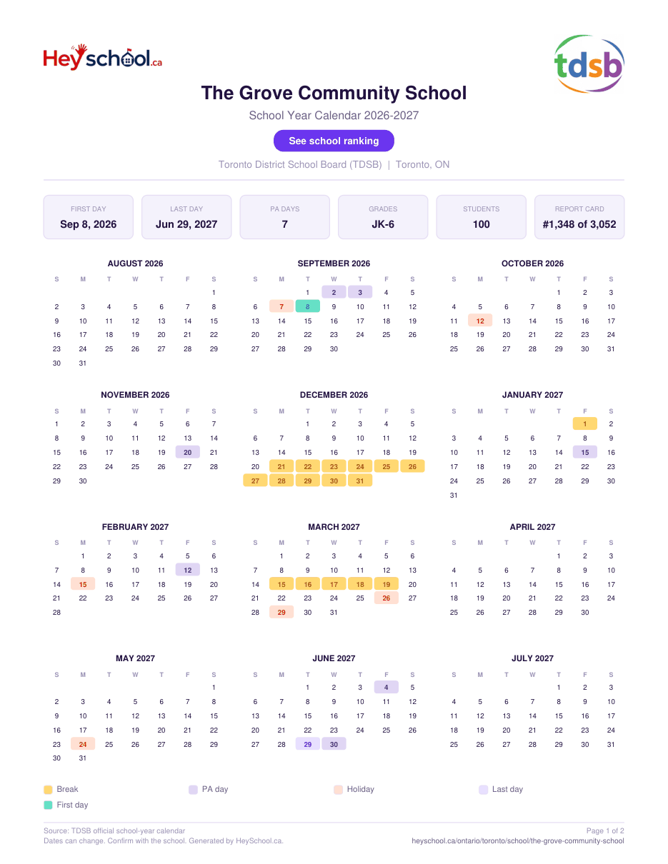 The Grove Community School School Year Calendar 2026-2027