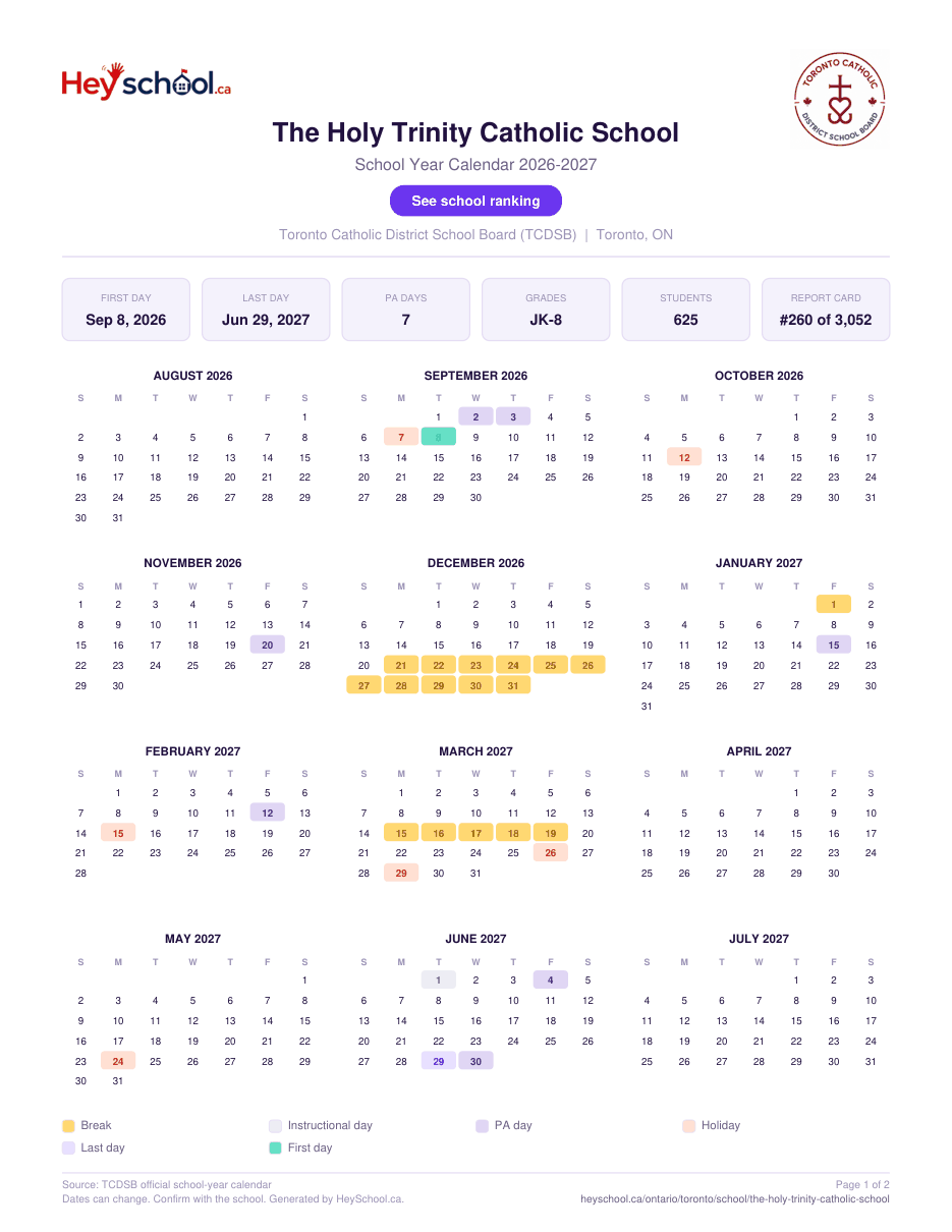 The Holy Trinity Catholic School School Year Calendar 2026-2027