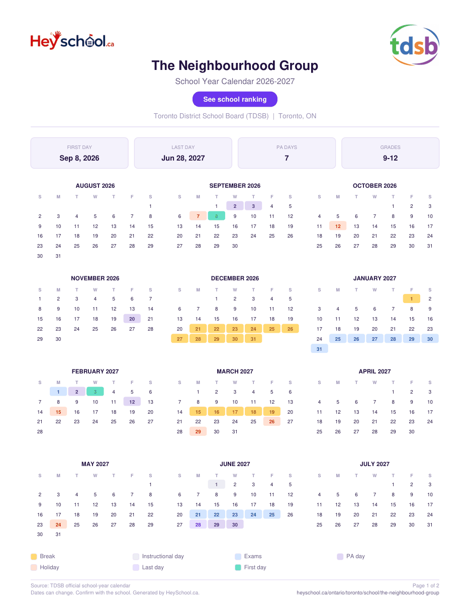 The Neighbourhood Group School Year Calendar 2026-2027