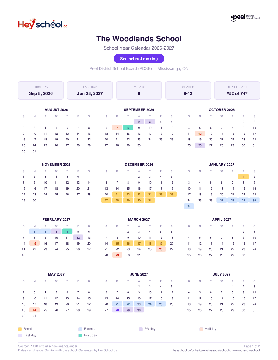 The Woodlands School School Year Calendar 2026-2027
