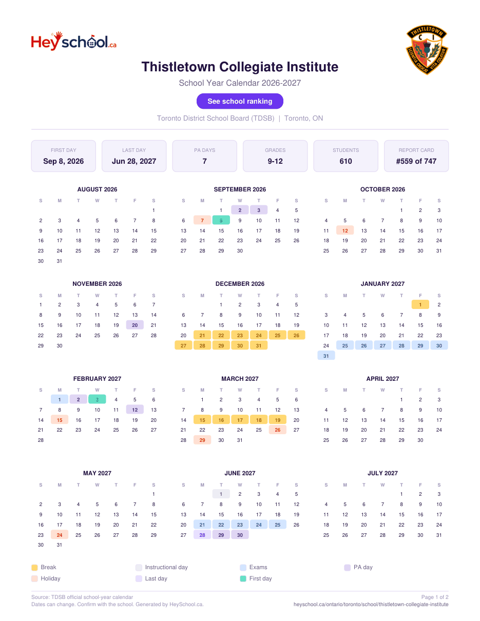 Thistletown Collegiate Institute School Year Calendar 2026-2027