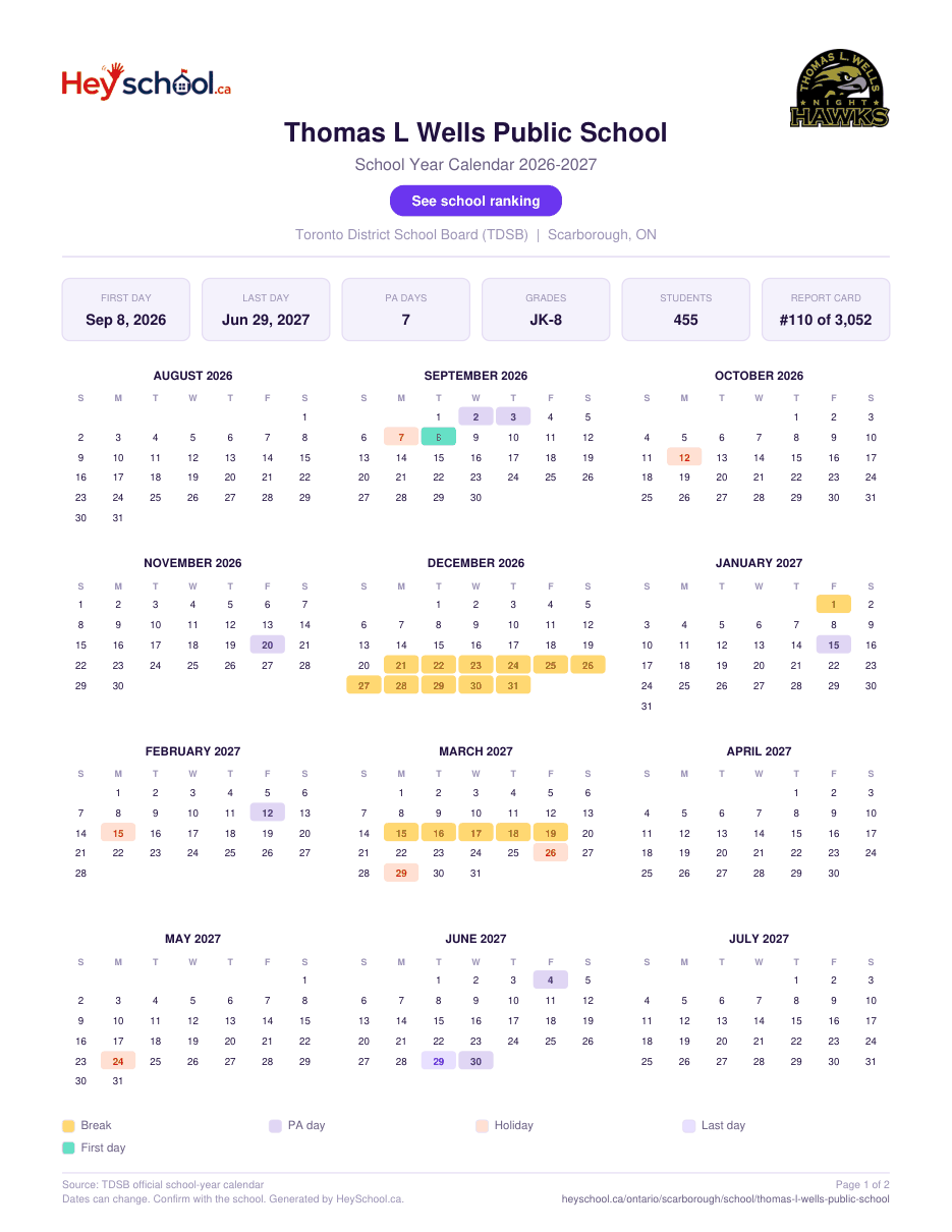 Thomas L Wells Public School School Year Calendar 2026-2027