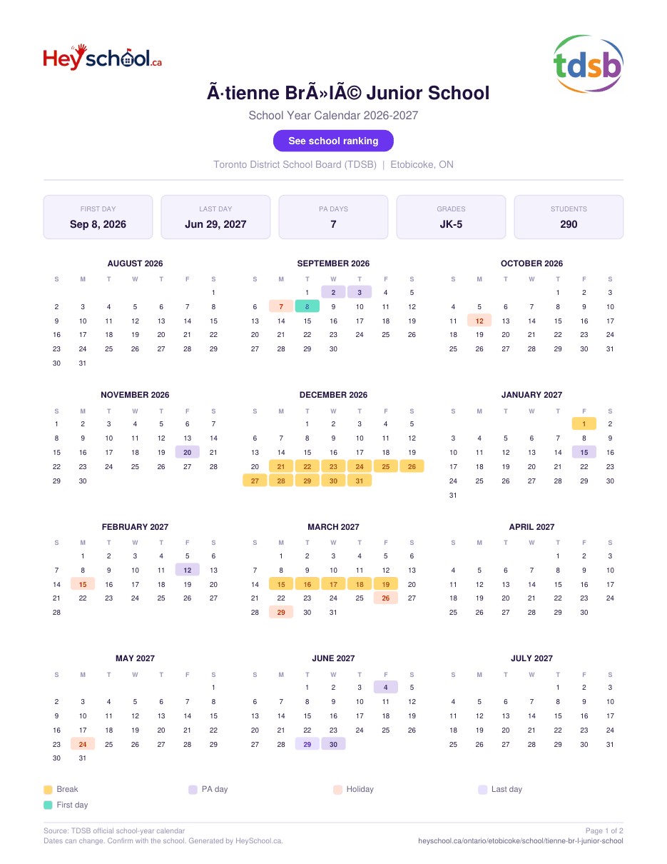 Ã‰tienne BrÃ»lÃ© Junior School School Year Calendar 2026-2027