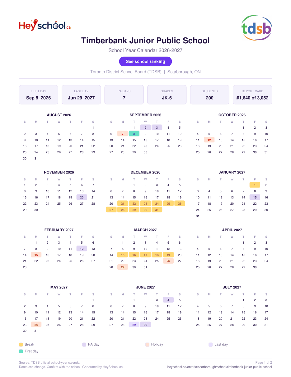 Timberbank Junior Public School School Year Calendar 2026-2027