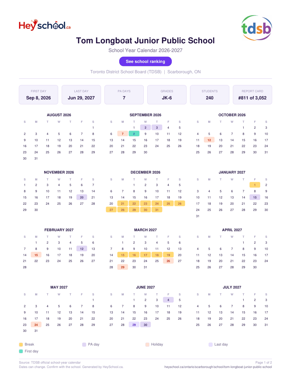 Tom Longboat Junior Public School School Year Calendar 2026-2027