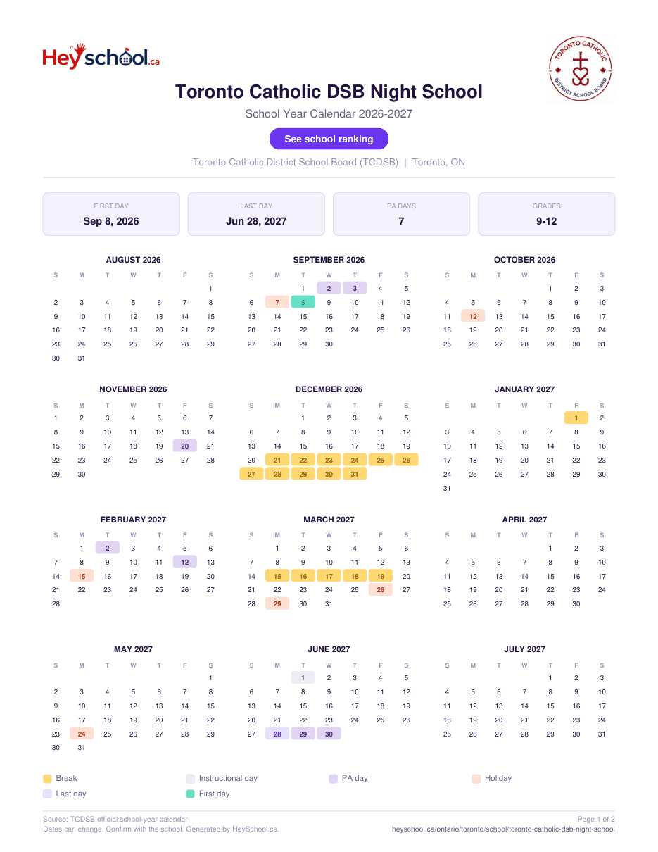 Toronto Catholic DSB Night School School Year Calendar 2026-2027