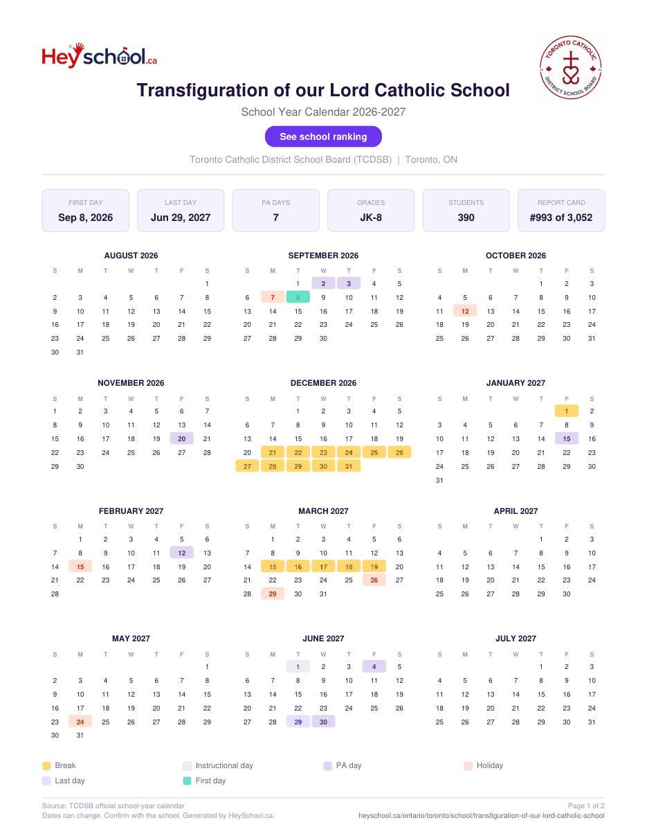 Transfiguration of our Lord Catholic School School Year Calendar 2026-2027