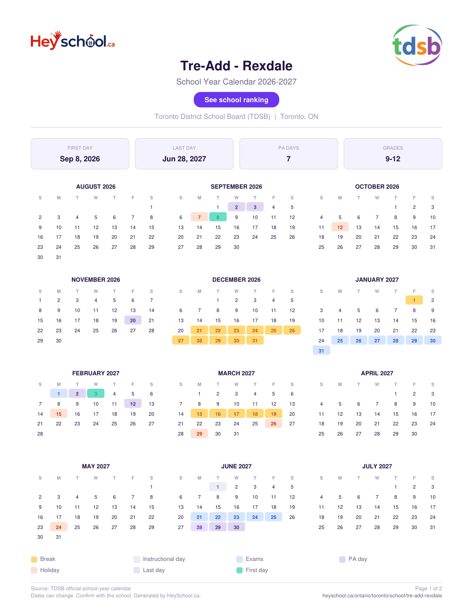 Tre-Add - Rexdale School Year Calendar 2026-2027
