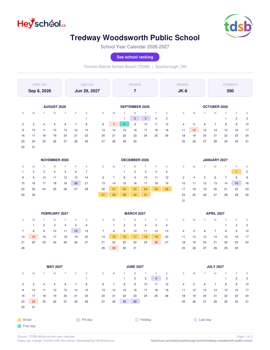 Tredway Woodsworth Public School School Year Calendar 2026-2027
