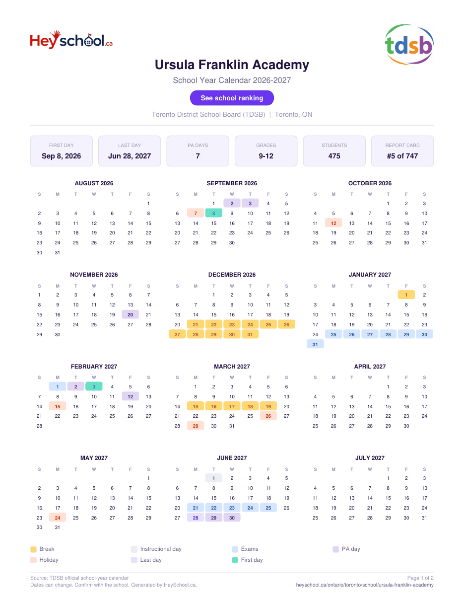 Ursula Franklin Academy School Year Calendar 2026-2027