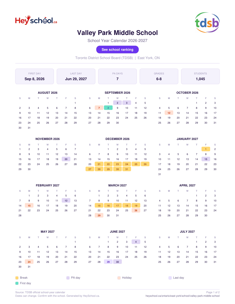 Valley Park Middle School School Year Calendar 2026-2027