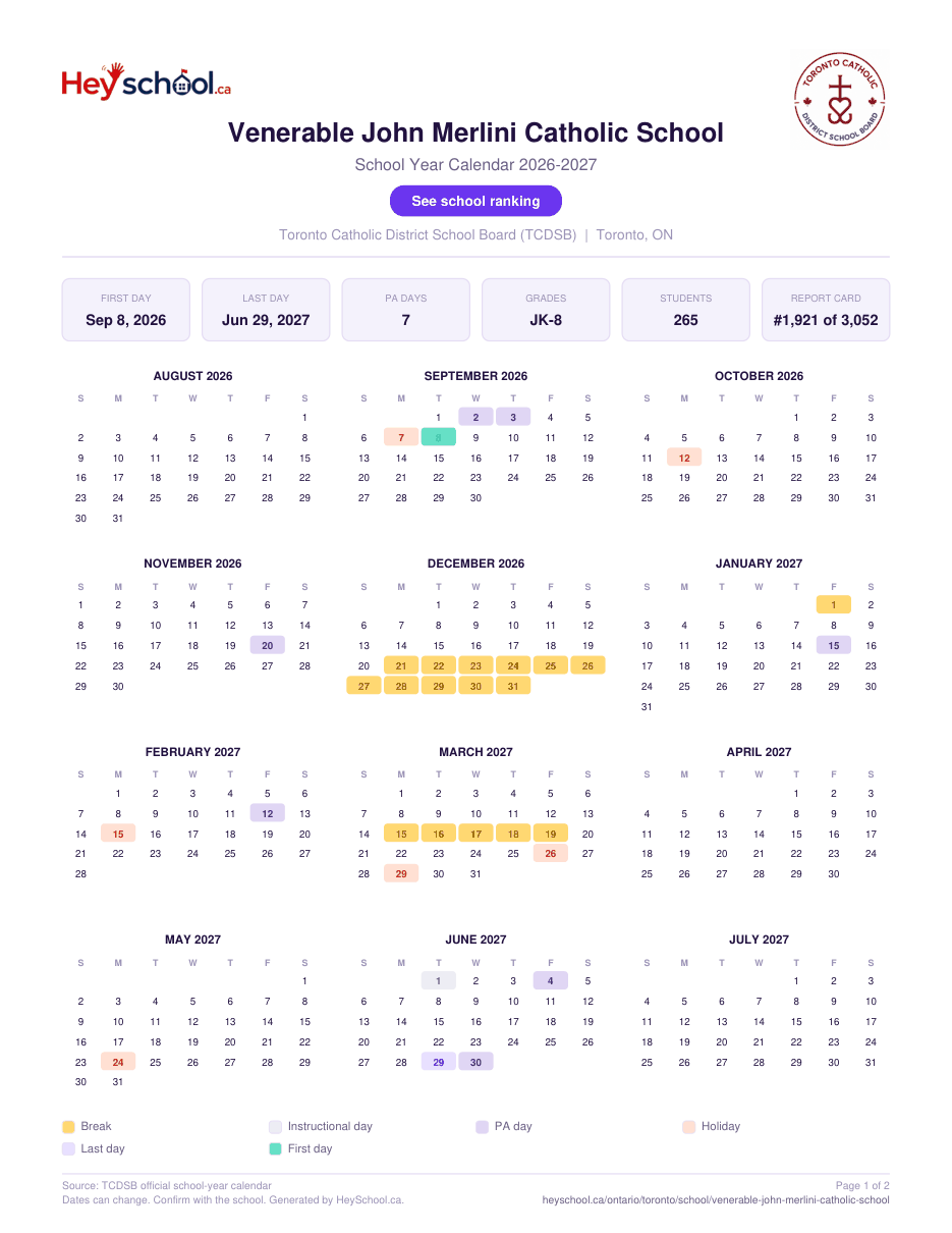 Venerable John Merlini Catholic School School Year Calendar 2026-2027