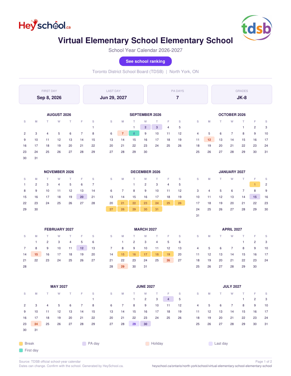 Virtual Elementary School Elementary School School Year Calendar 2026-2027