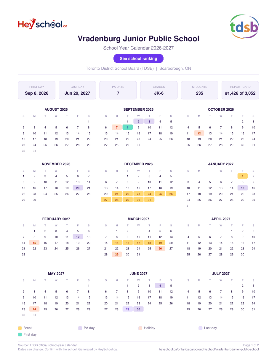 Vradenburg Junior Public School School Year Calendar 2026-2027