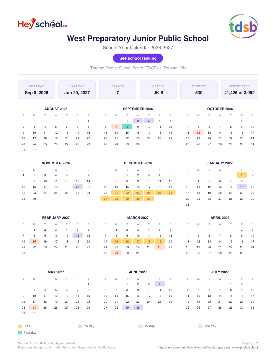 West Preparatory Junior Public School School Year Calendar 2026-2027