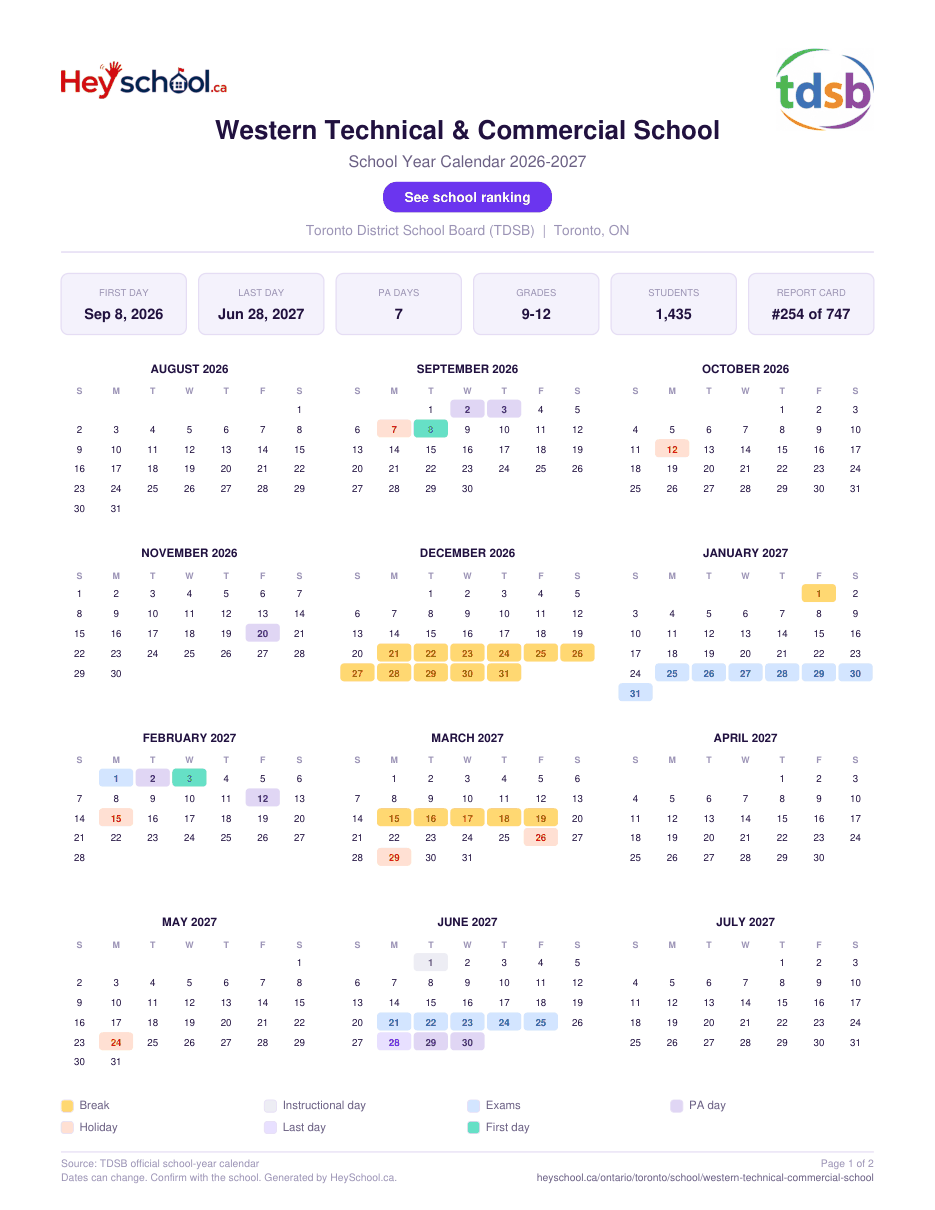 Western Technical & Commercial School School Year Calendar 2026-2027