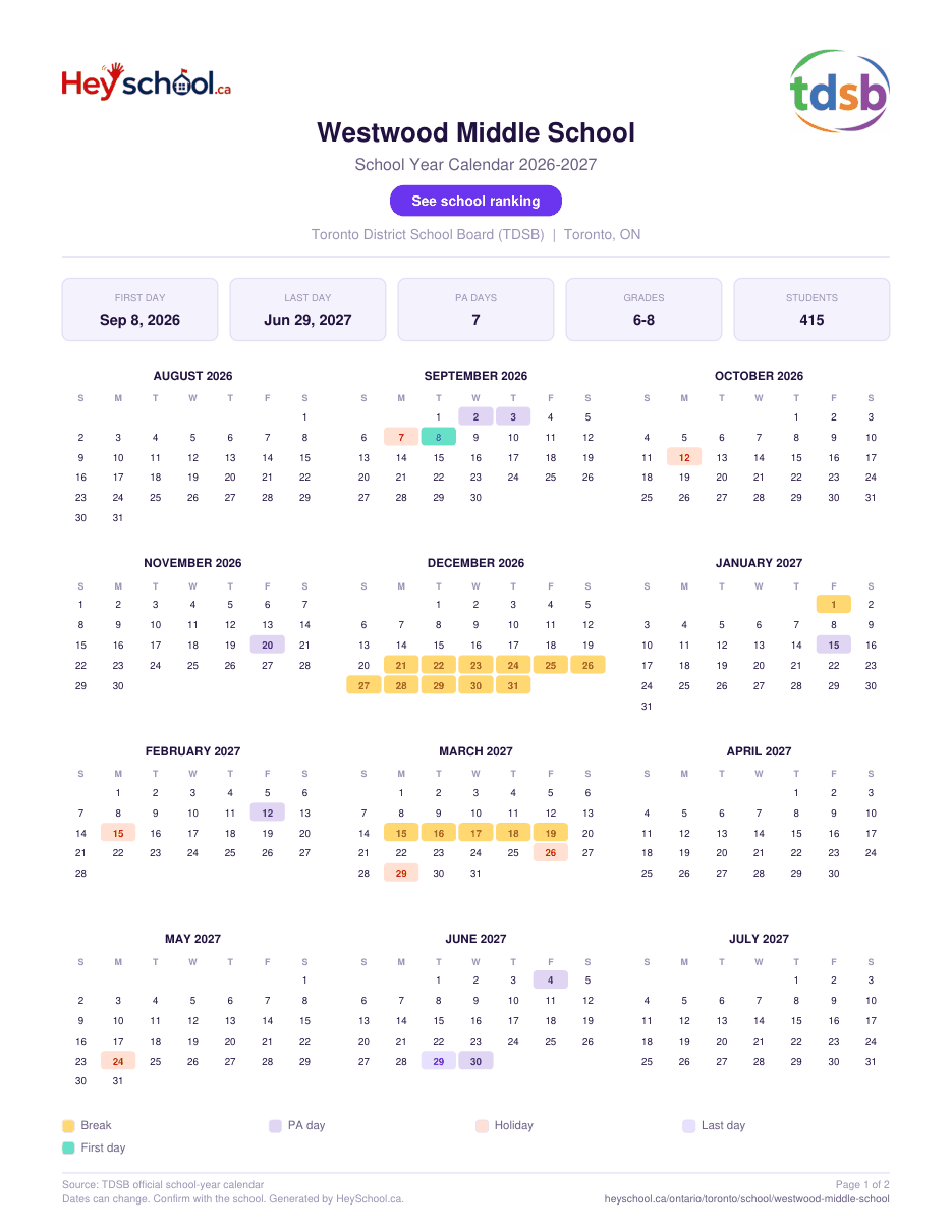 Westwood Middle School School Year Calendar 2026-2027