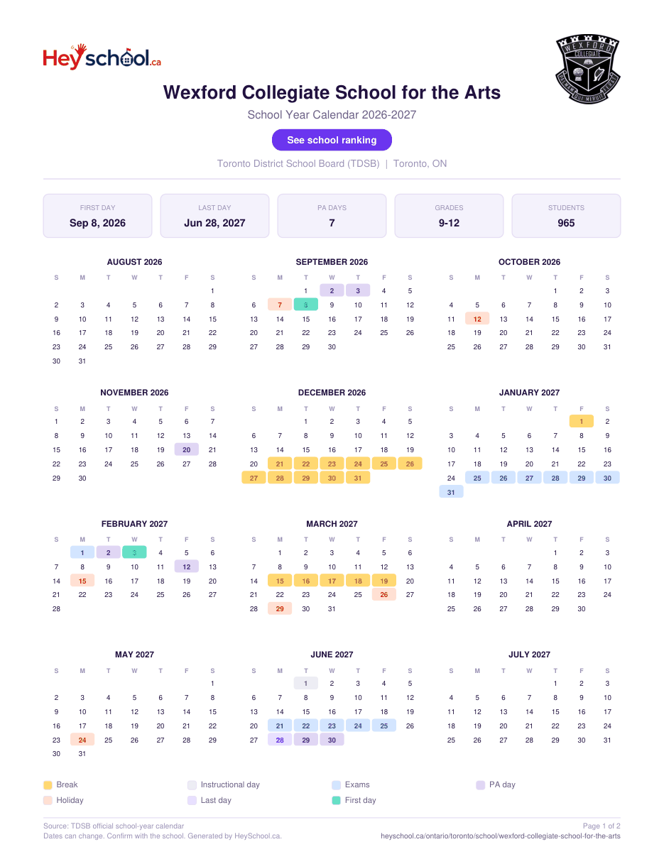 Wexford Collegiate School for the Arts School Year Calendar 2026-2027