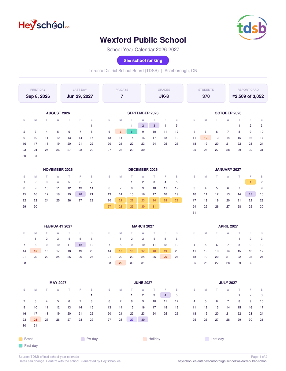 Wexford Public School School Year Calendar 2026-2027