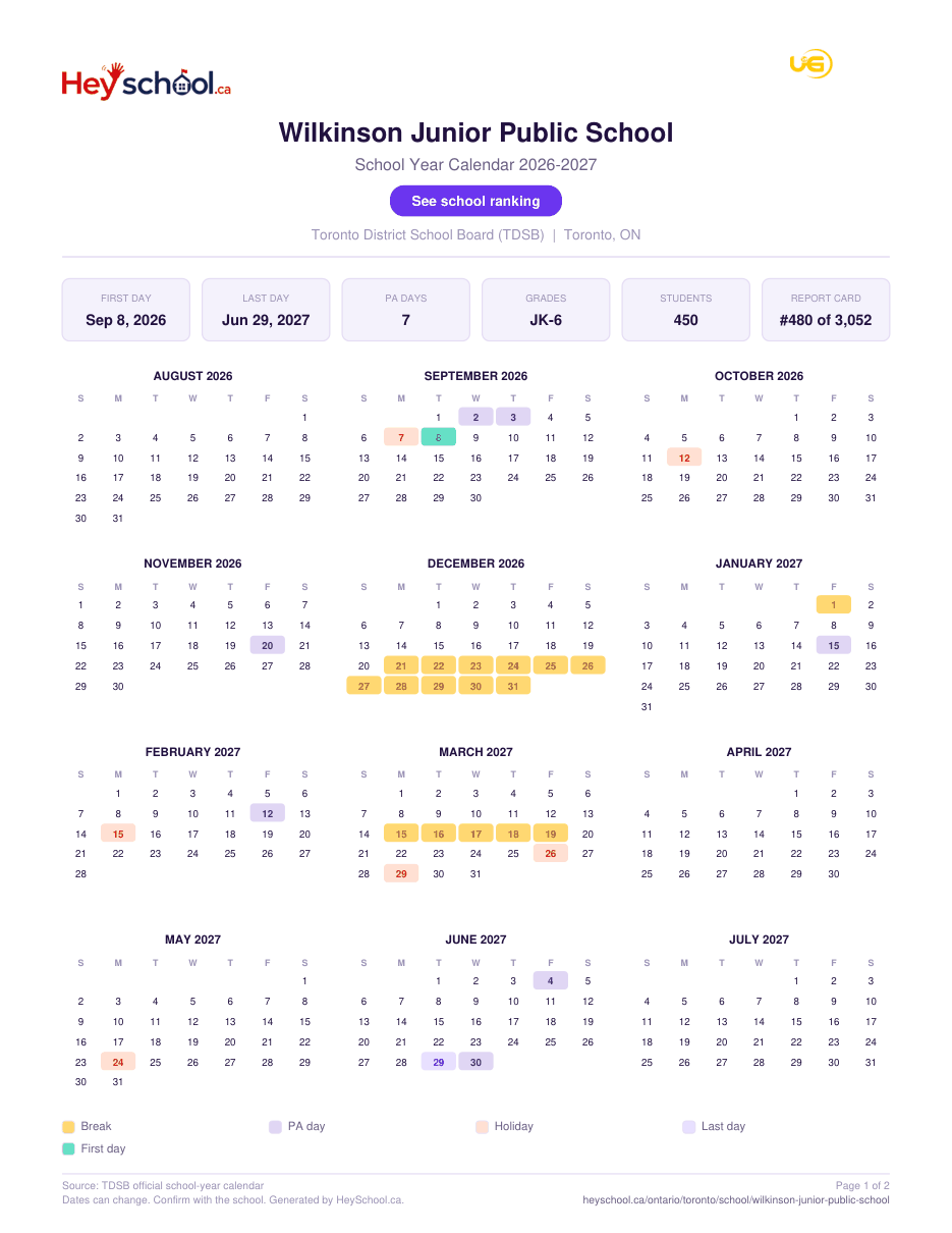 Wilkinson Junior Public School School Year Calendar 2026-2027