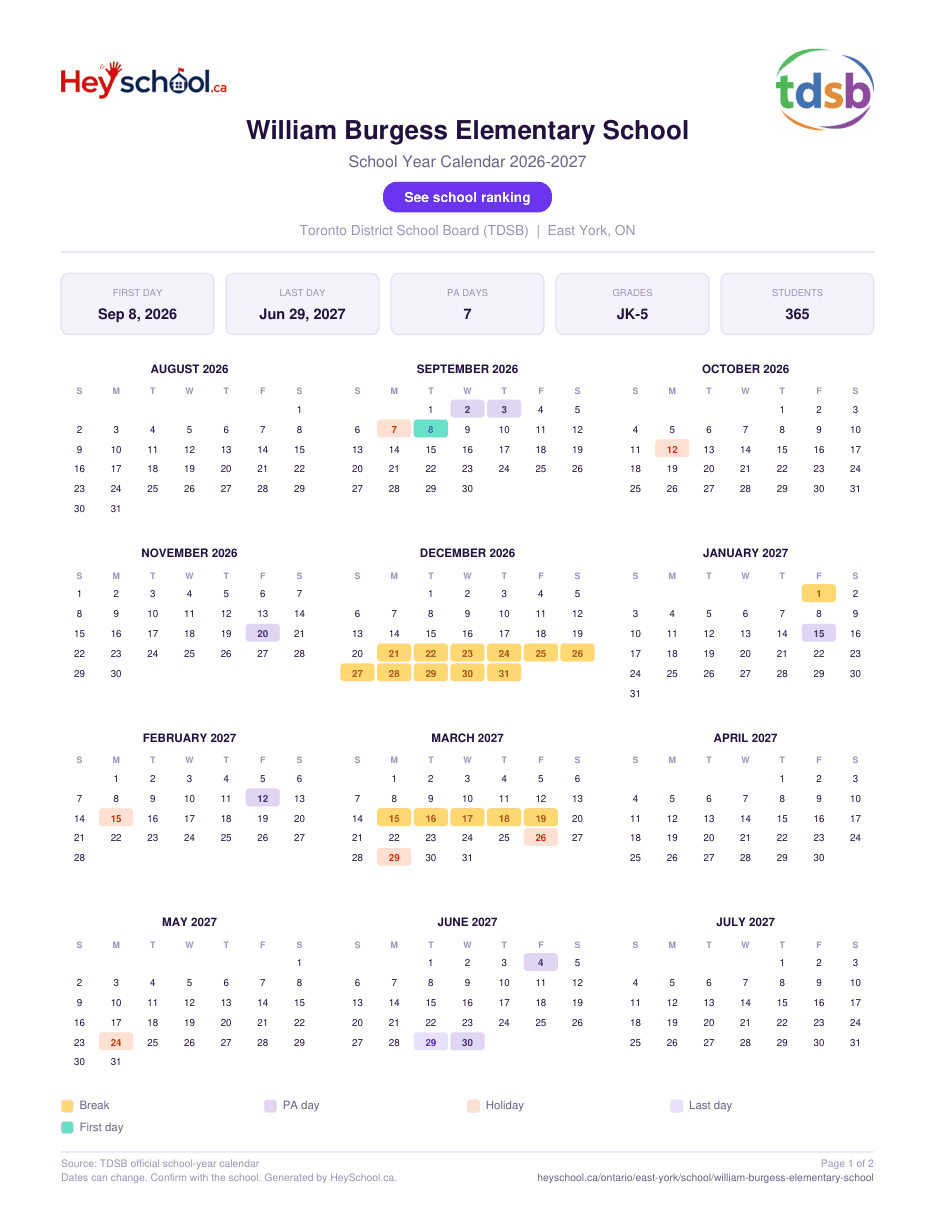 William Burgess Elementary School School Year Calendar 2026-2027