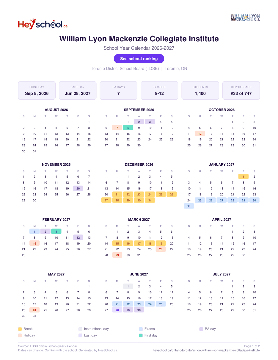 William Lyon Mackenzie Collegiate Institute School Year Calendar 2026-2027