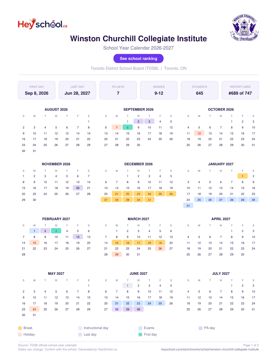 Winston Churchill Collegiate Institute School Year Calendar 2026-2027