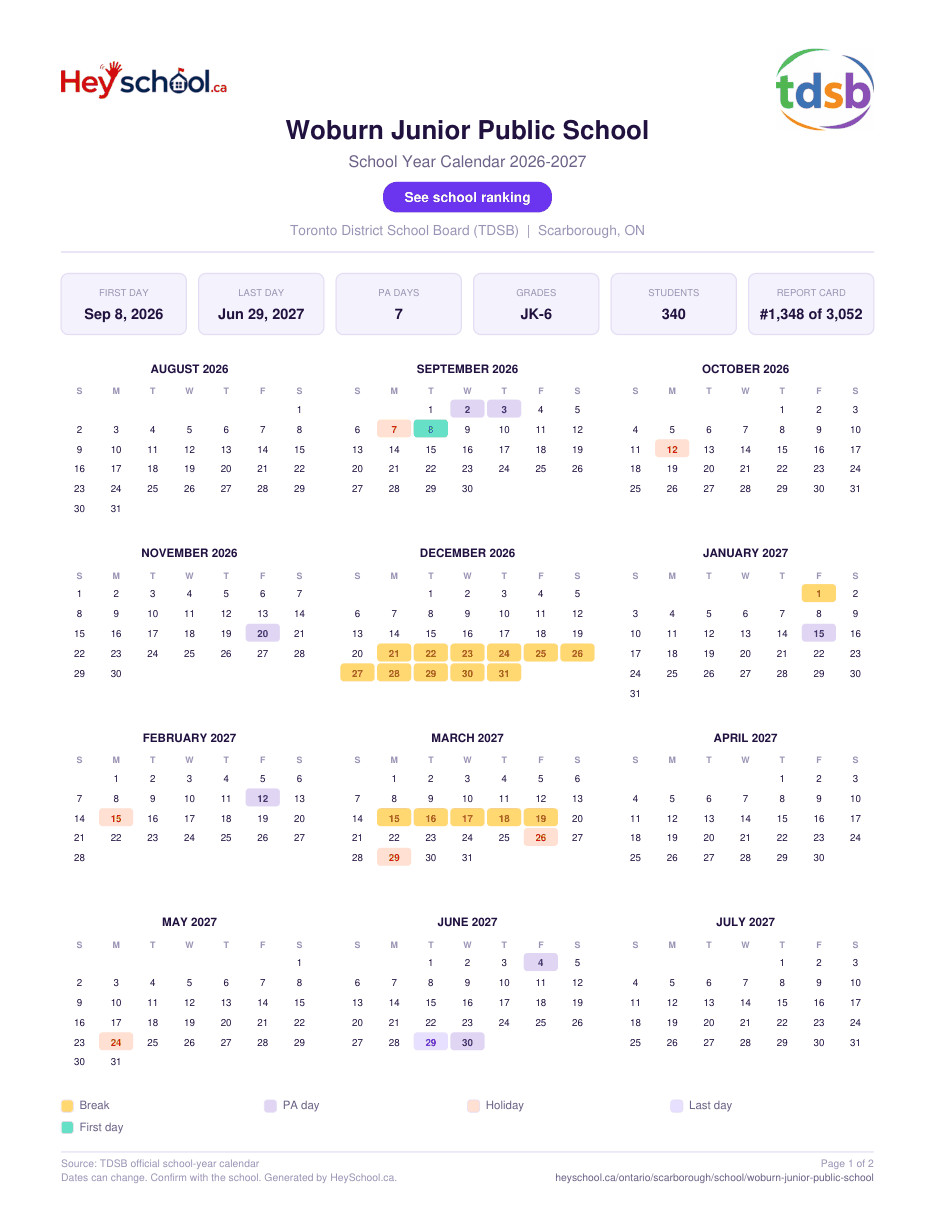 Woburn Junior Public School School Year Calendar 2026-2027