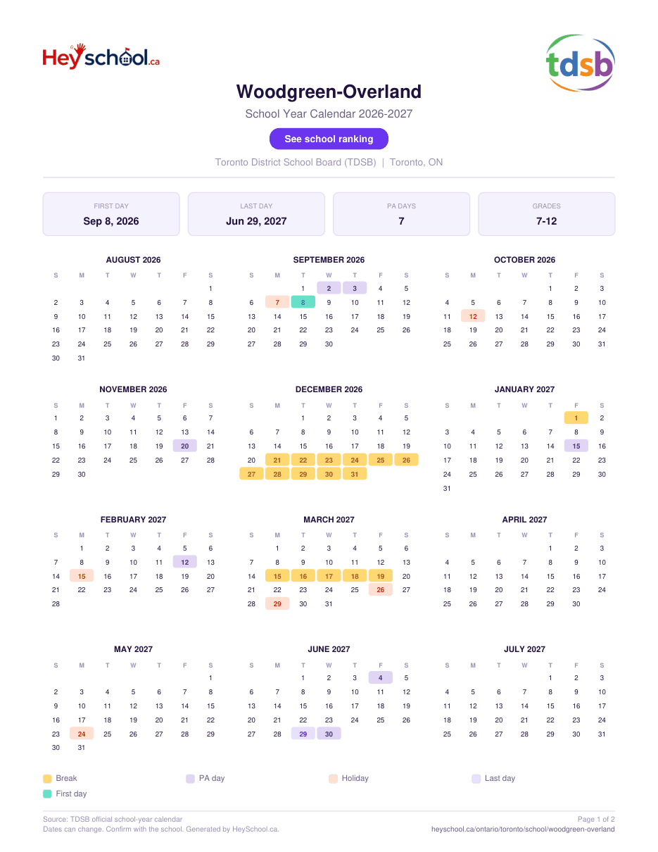 Woodgreen-Overland School Year Calendar 2026-2027