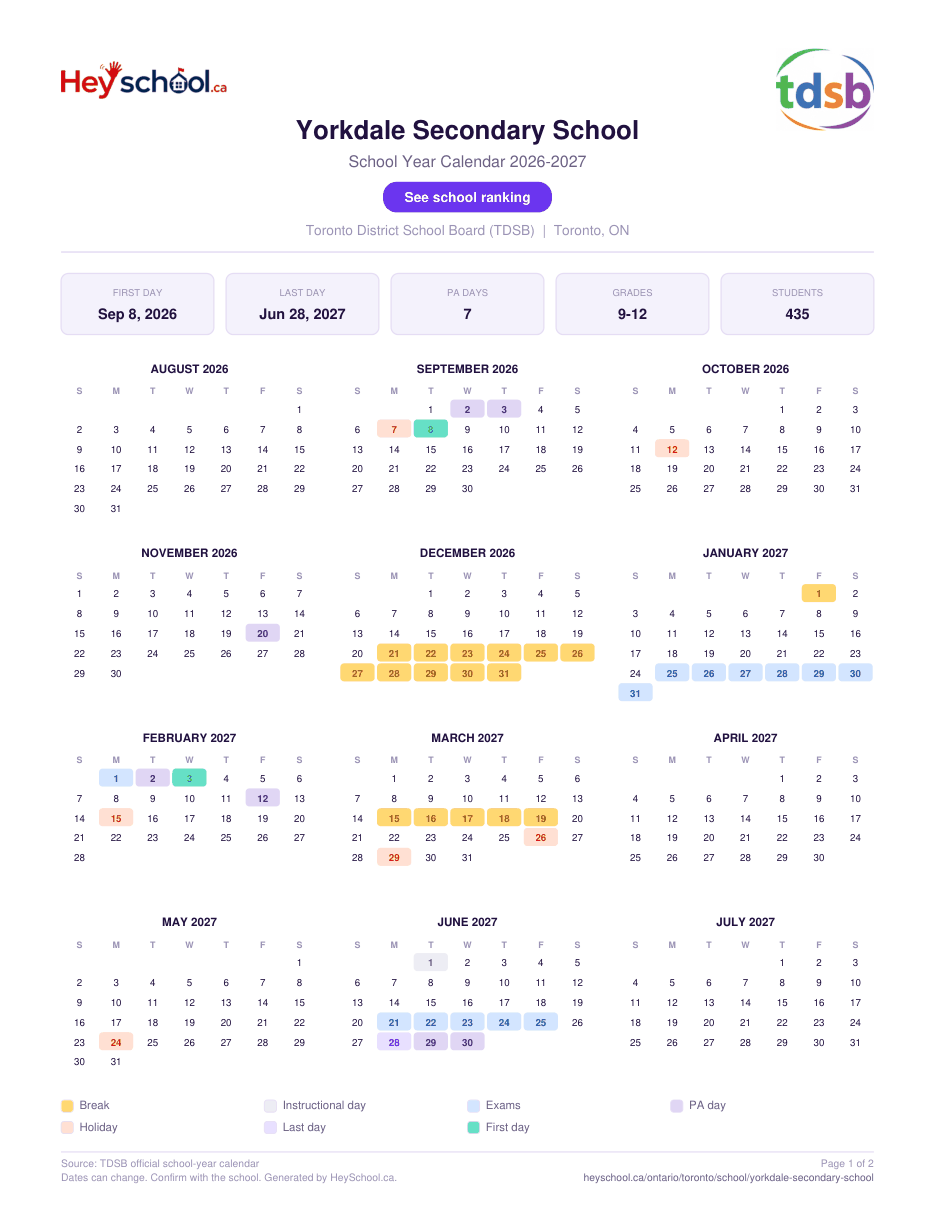 Yorkdale Secondary School School Year Calendar 2026-2027