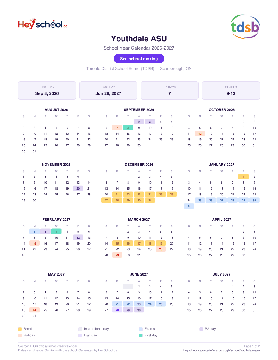 Youthdale ASU School Year Calendar 2026-2027