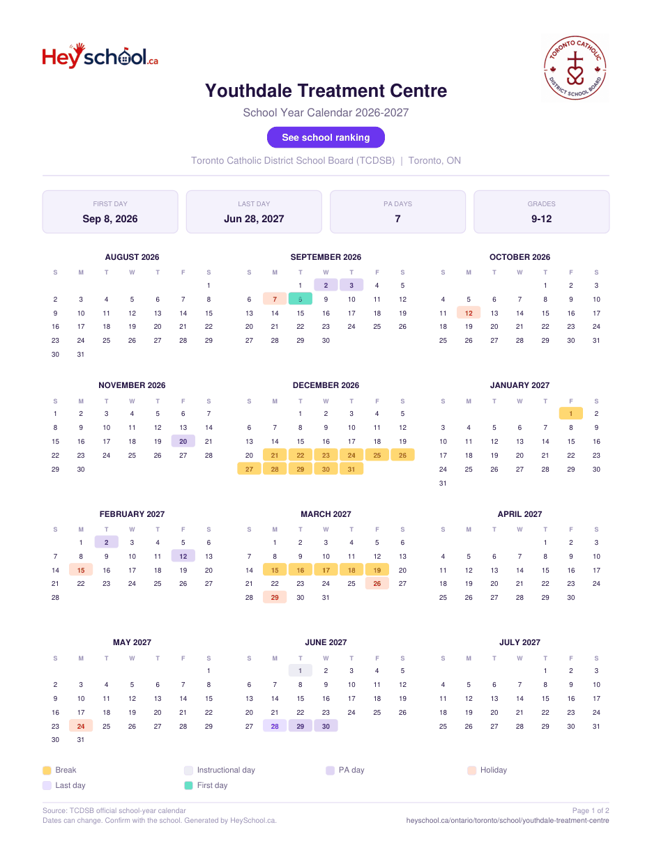 Youthdale Treatment Centre School Year Calendar 2026-2027