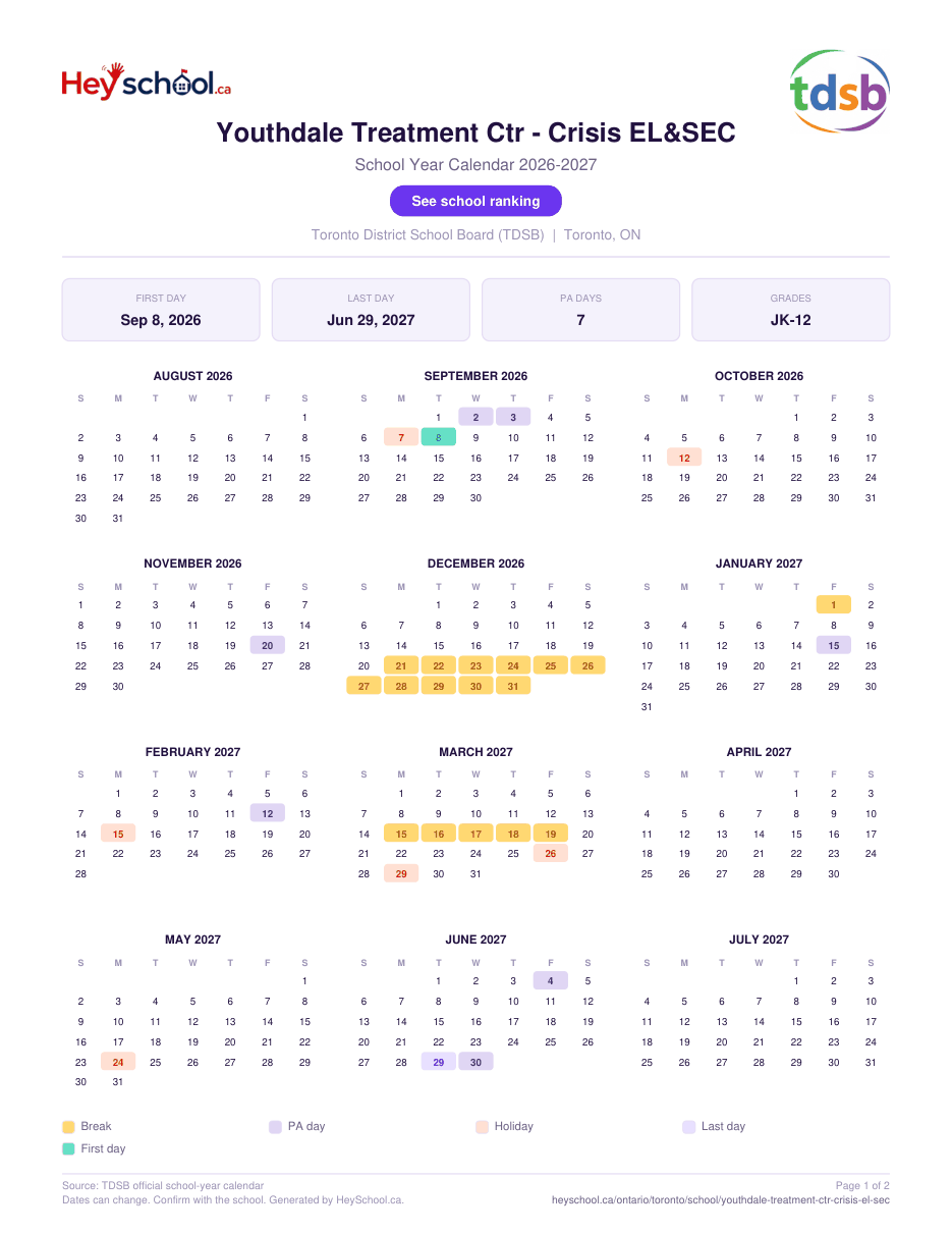 Youthdale Treatment Ctr - Crisis EL&SEC School Year Calendar 2026-2027