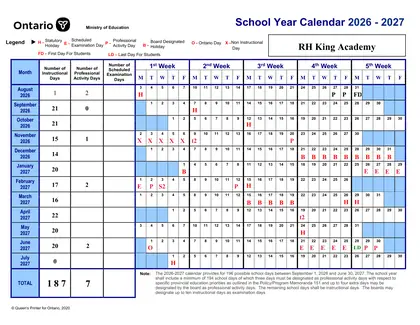 R.H. King Academy Modified Secondary Calendar - Toronto District School Board