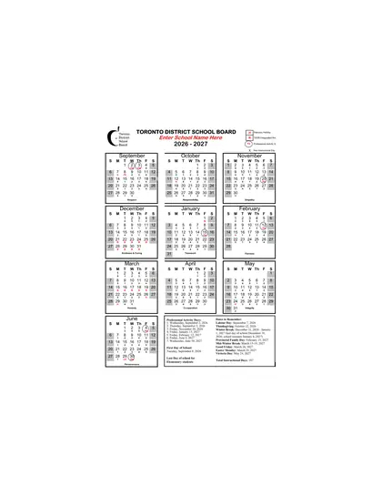 Elementary 5-Day Cycle Calendar - Toronto District School Board - Page 1